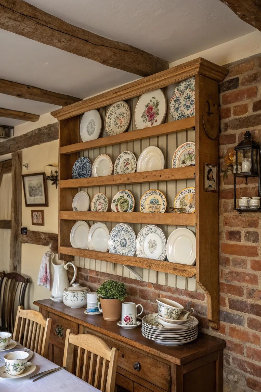 A plate rack provides both function and charm in this dining room.