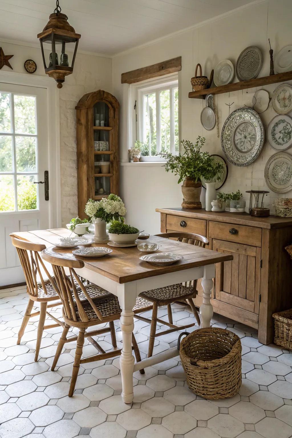 Artisan white tiles provide a rustic and elegant foundation in this farmhouse dining area.