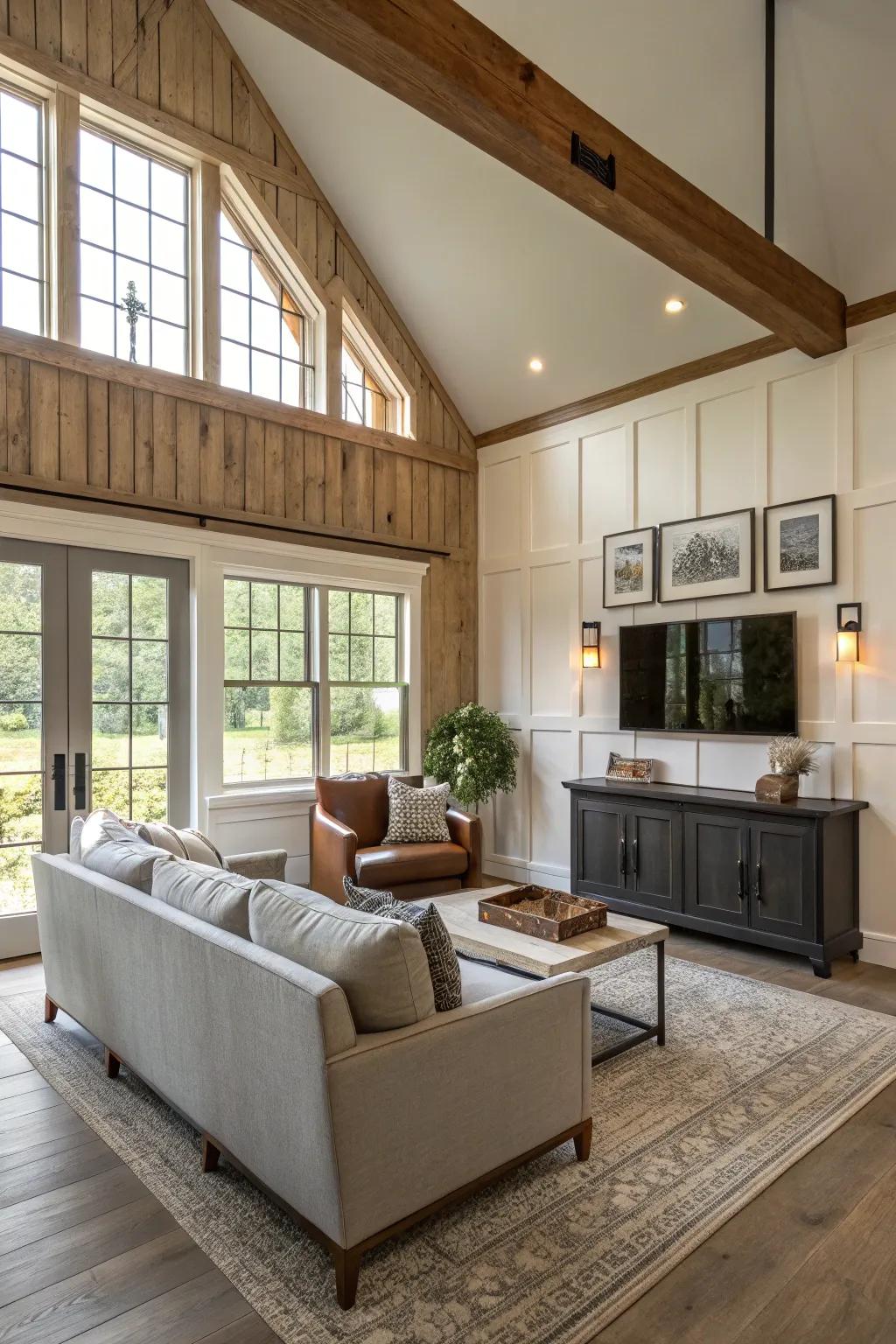 Stylish living space with a modern farmhouse blend.