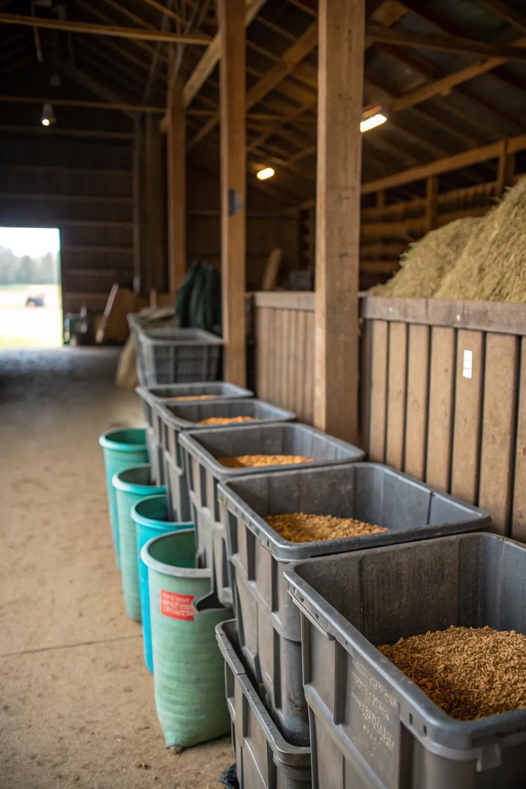 Stackable tote bins for flexible feed storage options.