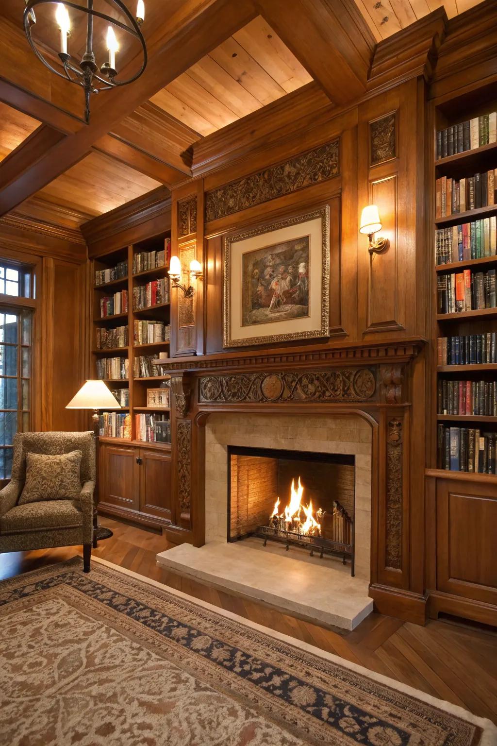 Artisanal warmth with custom carved wood fireplace frames.