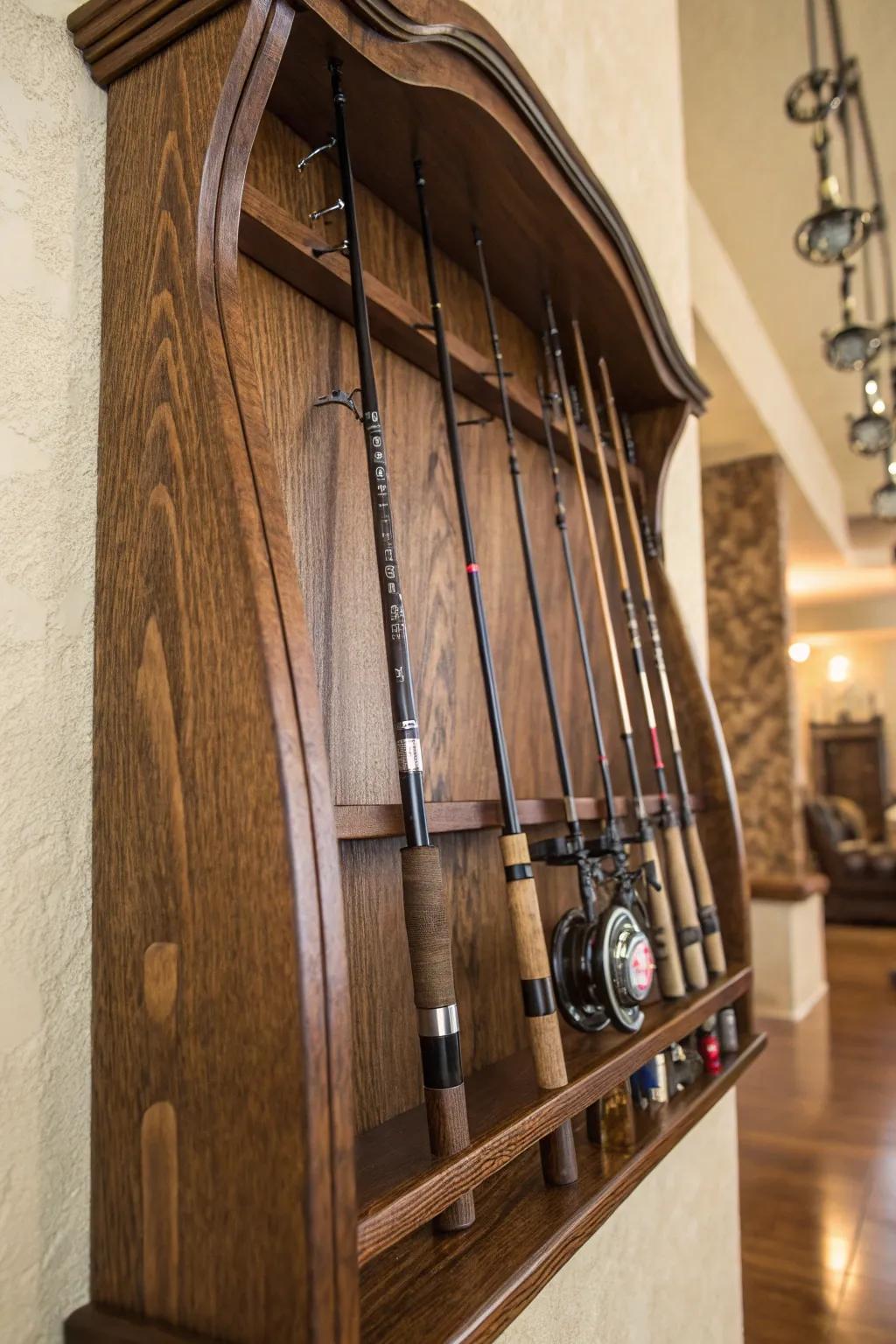Elevate your space with a handcrafted wooden rod rack, where craftsmanship meets functionality.