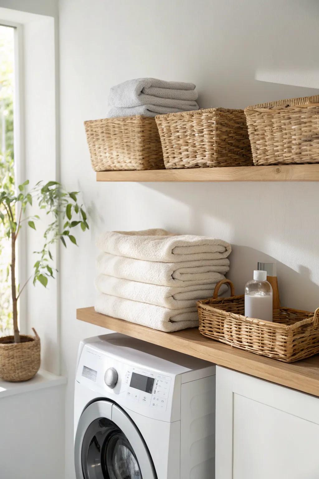 Elevate your laundry space with minimalist floating shelves for a touch of elegance and efficiency.