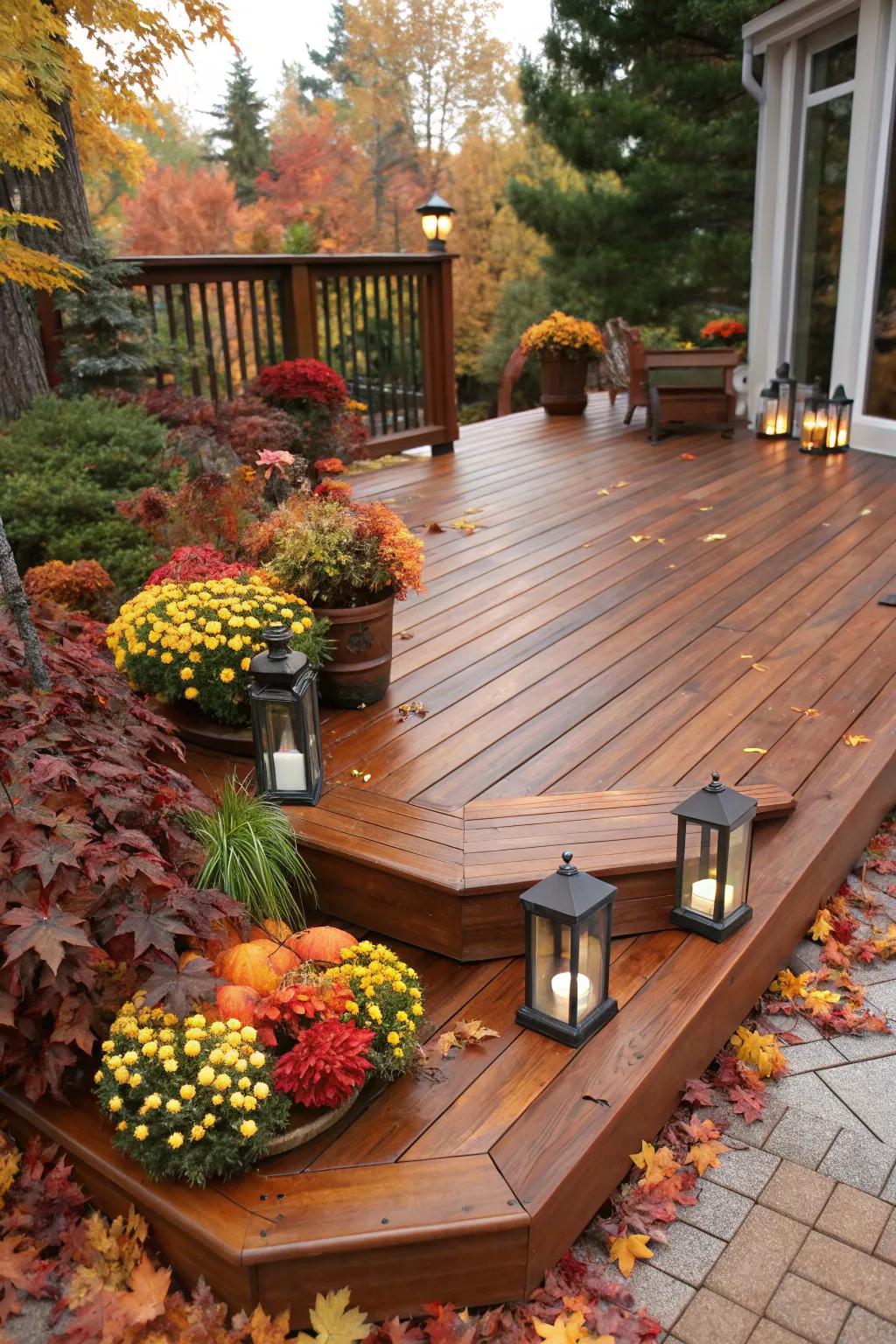 Elevate your outdoor space with a seasonal touch—experience the craftsmanship of a floating deck in all its autumn glory.