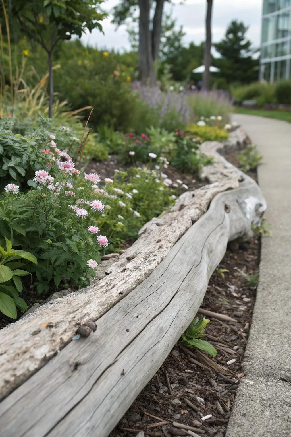 Embrace coastal charm with driftwood edging for your garden.