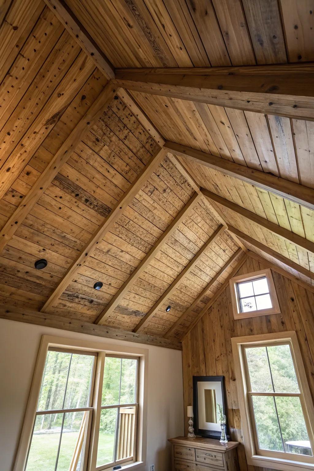Textured wooden planks adding warmth to a gable ceiling.