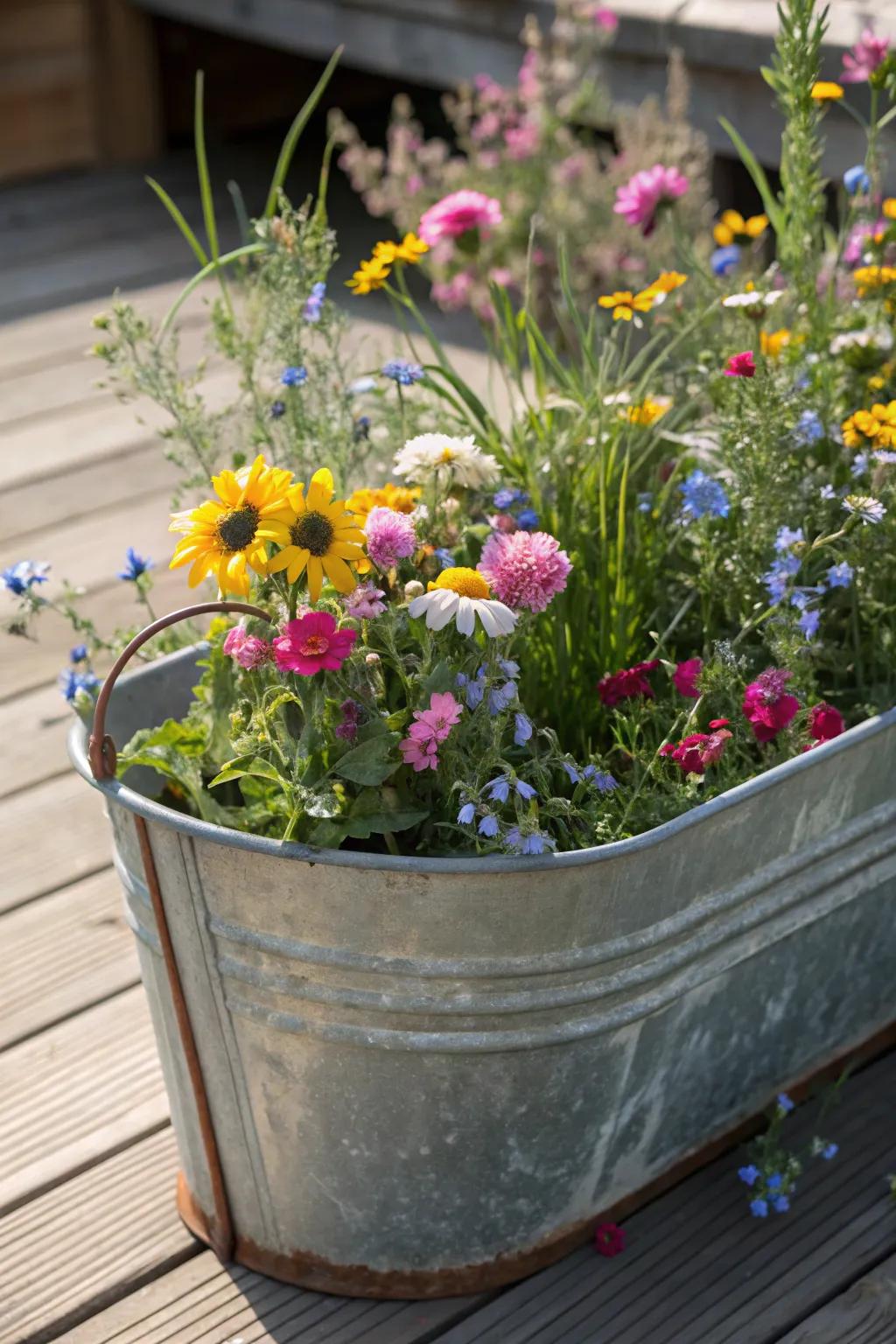 A blooming testament to nature's artistry in a handcrafted galvanized wash tub.