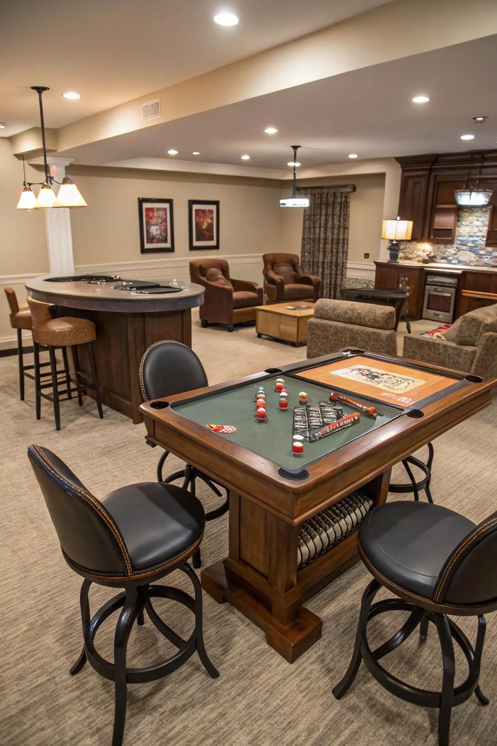 Convertible bar furniture is ideal for flexible and space-saving game room design.