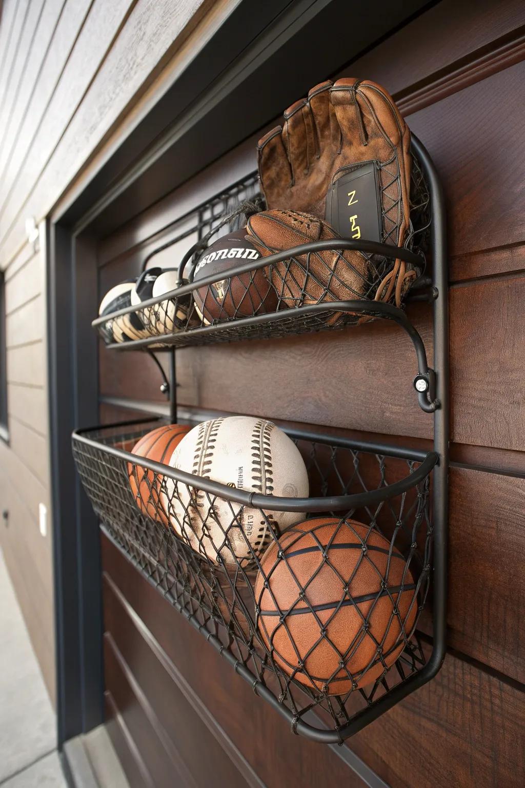 Elevate your garage organization with a stylish deep mesh basket, perfect for keeping sports gear tidy and accessible.