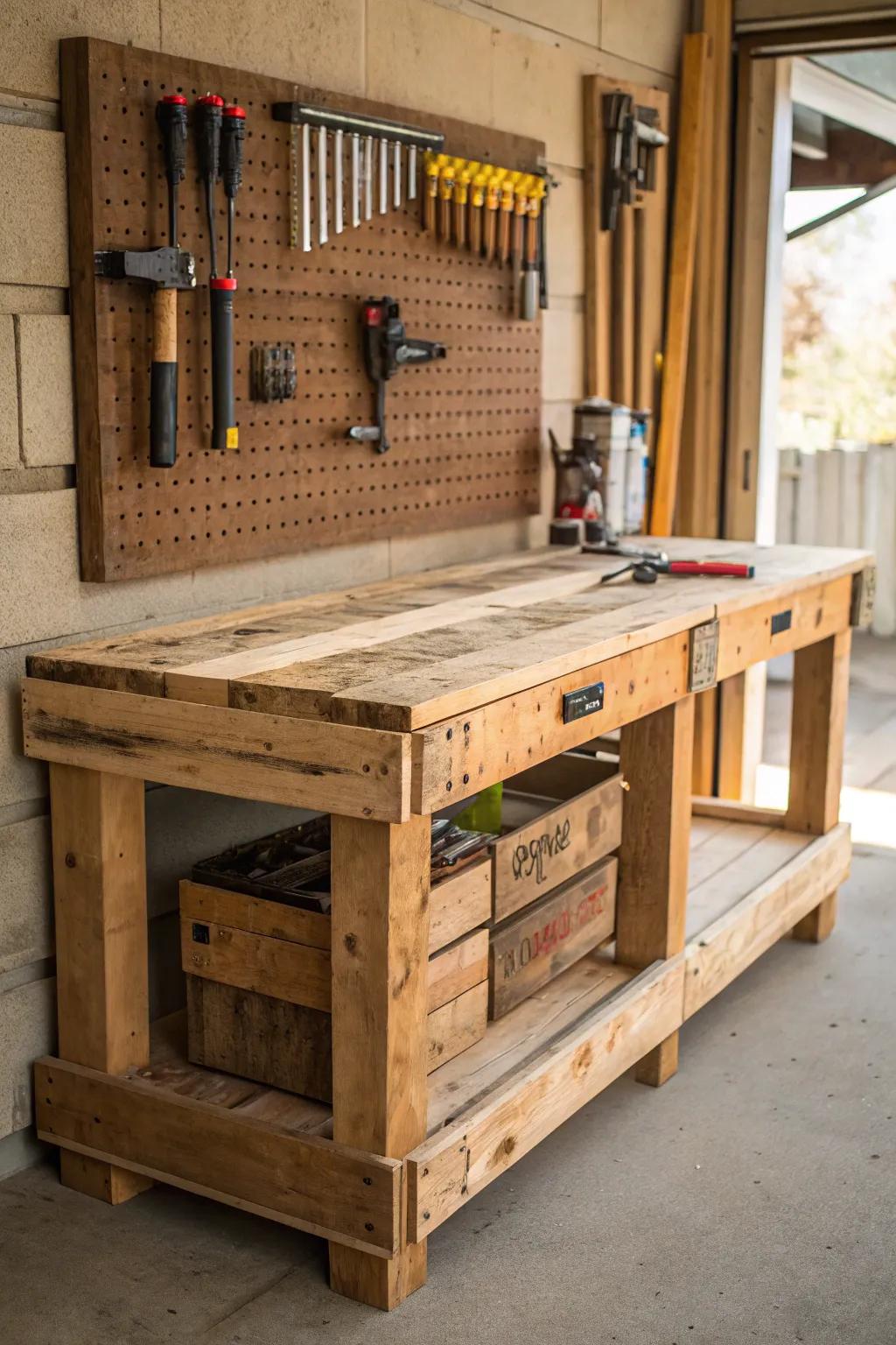 Elevate your garage with a rustic workbench that's both sustainable and stylish.