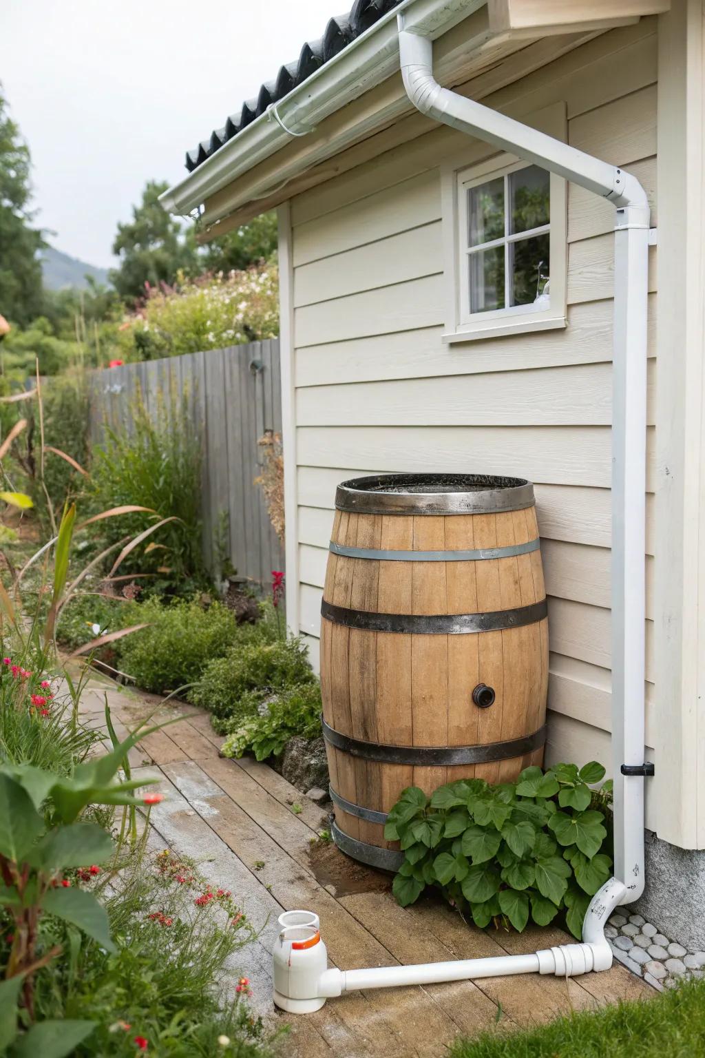 Embrace sustainability with style: Harvest rainwater for your garden in a minimalist, eco-friendly way.