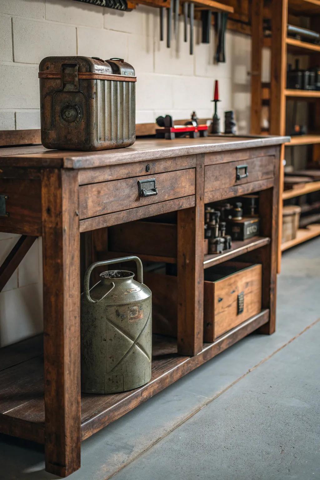 Master the art of organization: Store your gas cans in style beneath your workbench.