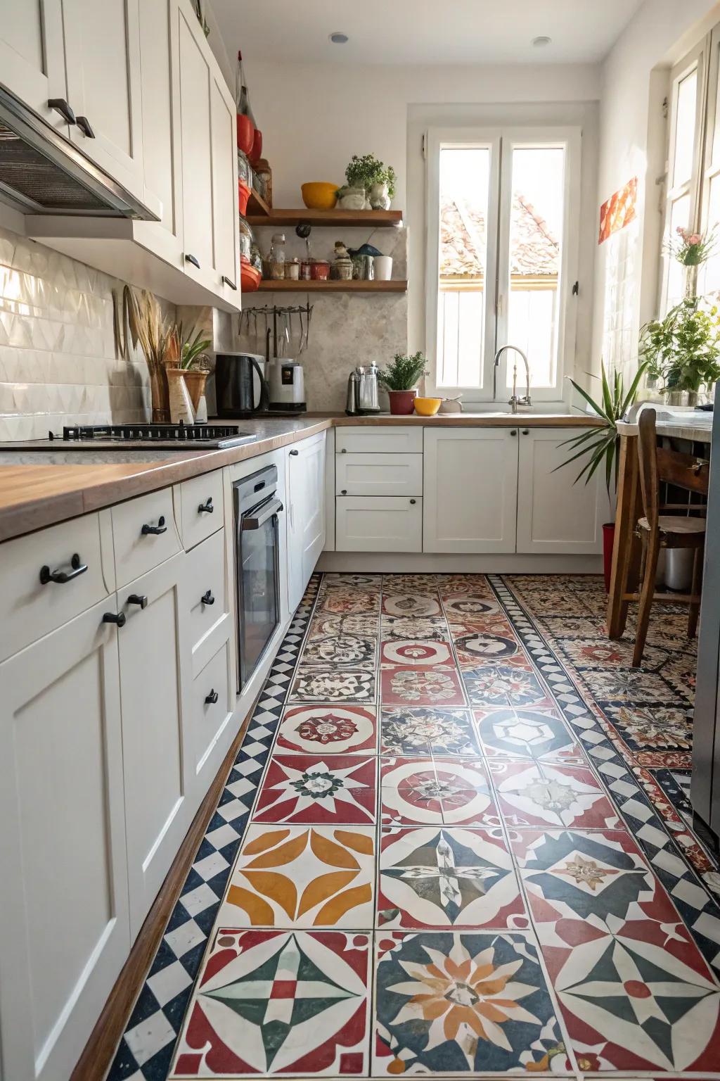 Bold flooring grounding the glamorous elements of the kitchen.