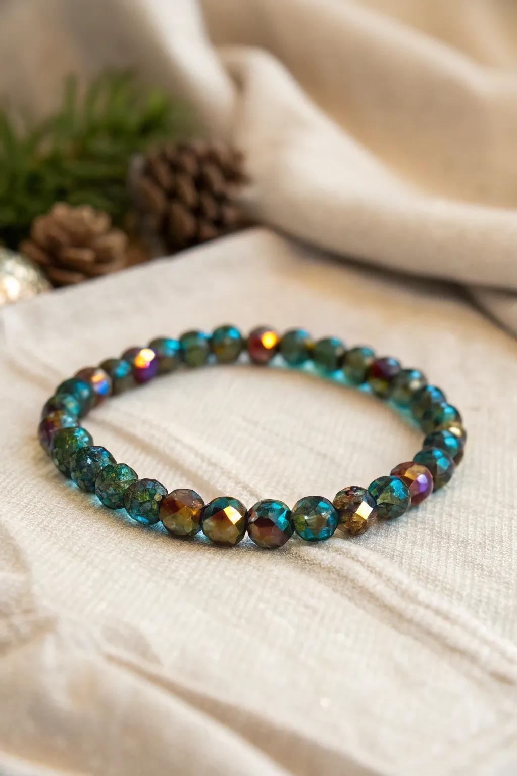 Embrace the magic of fire-polished elegance with this stunning glass bead bracelet.
