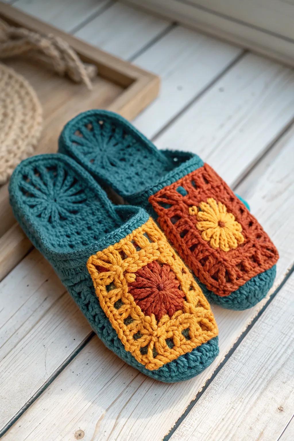 Step into comfort with these stunning, handcrafted granny square slippers, where vibrant colors meet minimalist charm.