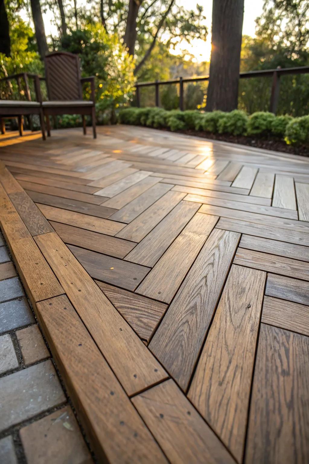 Elevate your outdoor space with the timeless elegance of a herringbone deck pattern.
