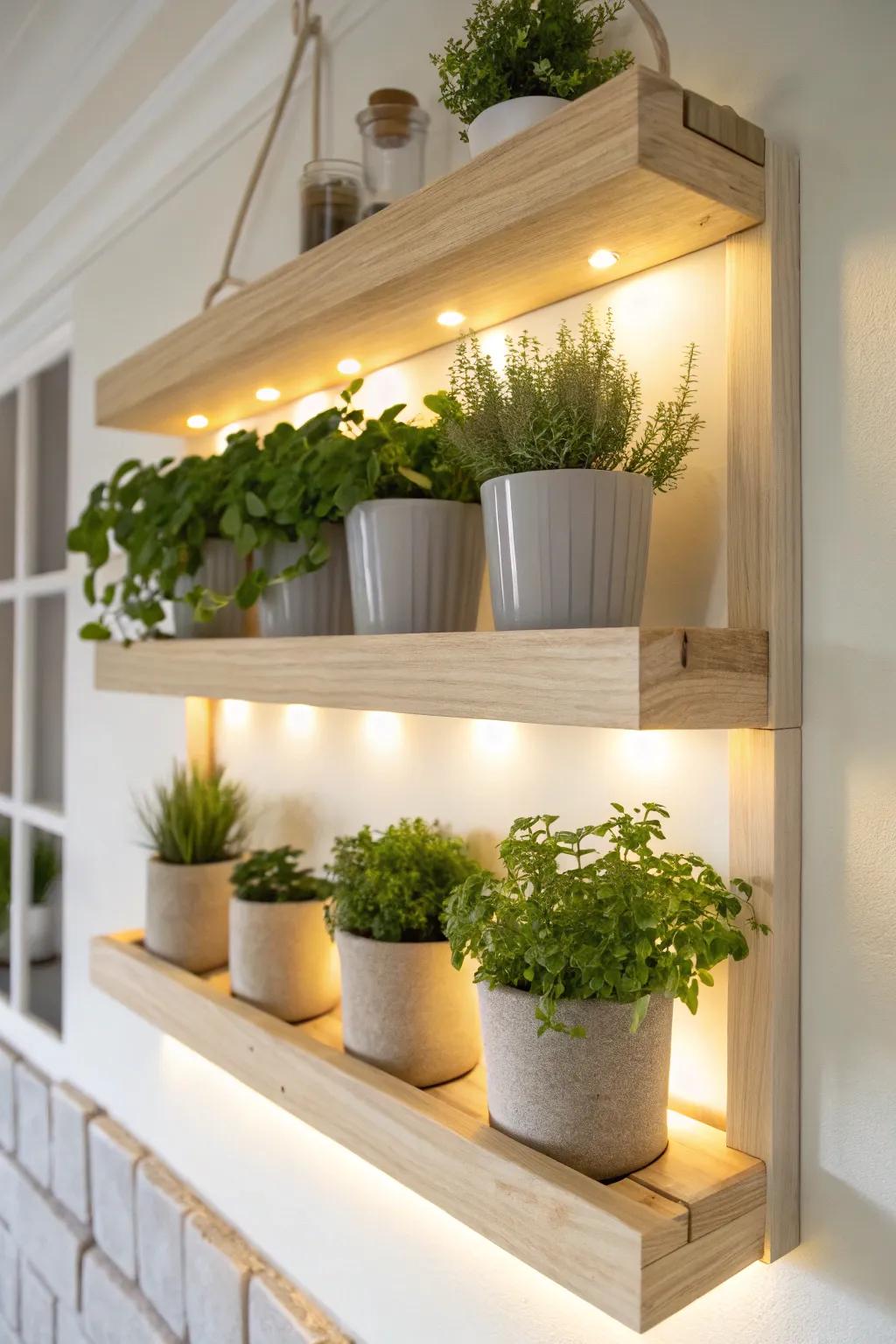 Illuminate your indoor garden with a stylish light-up herb shelf – where minimalism meets nature.