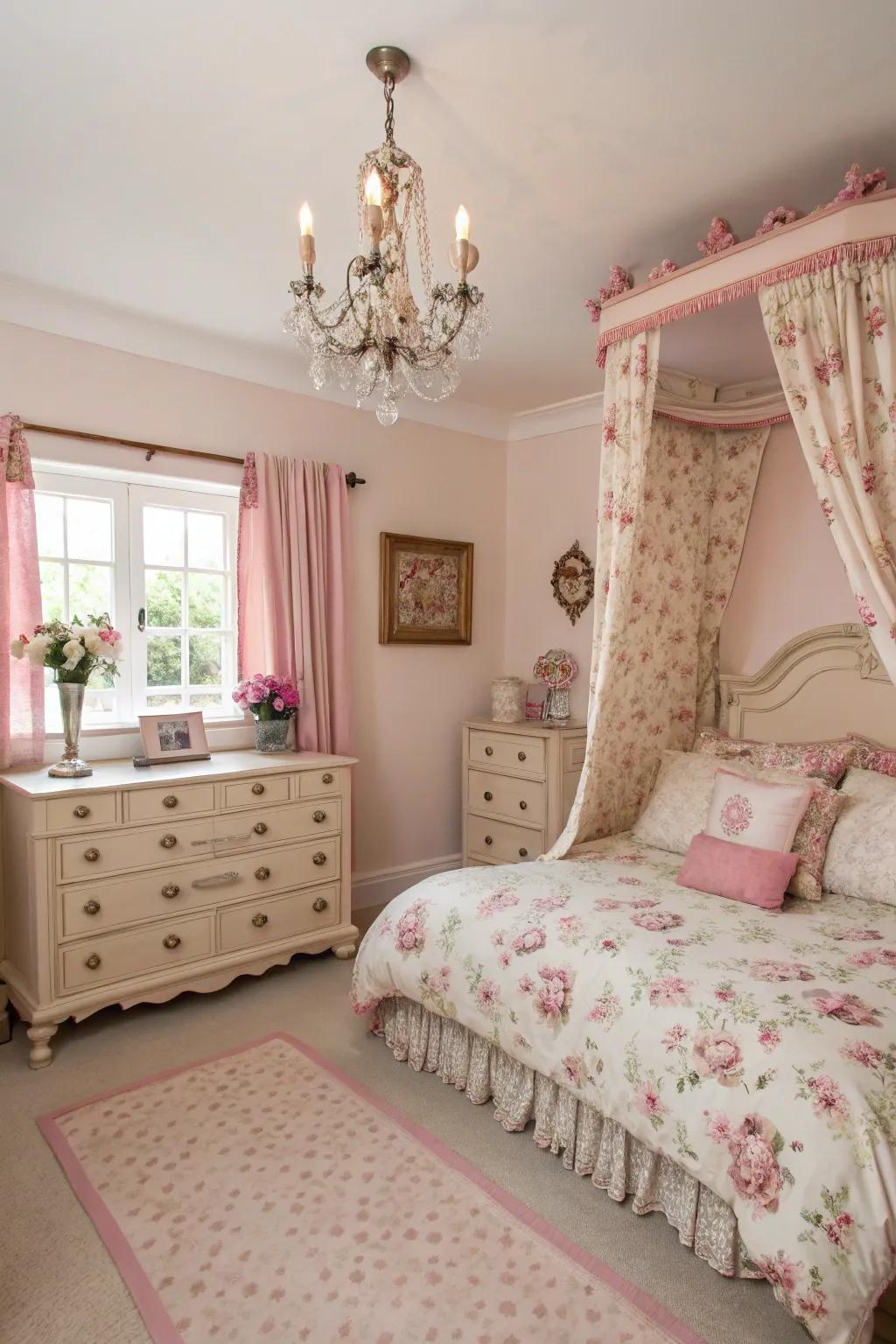 Vintage elements add timeless charm to the pink decor.