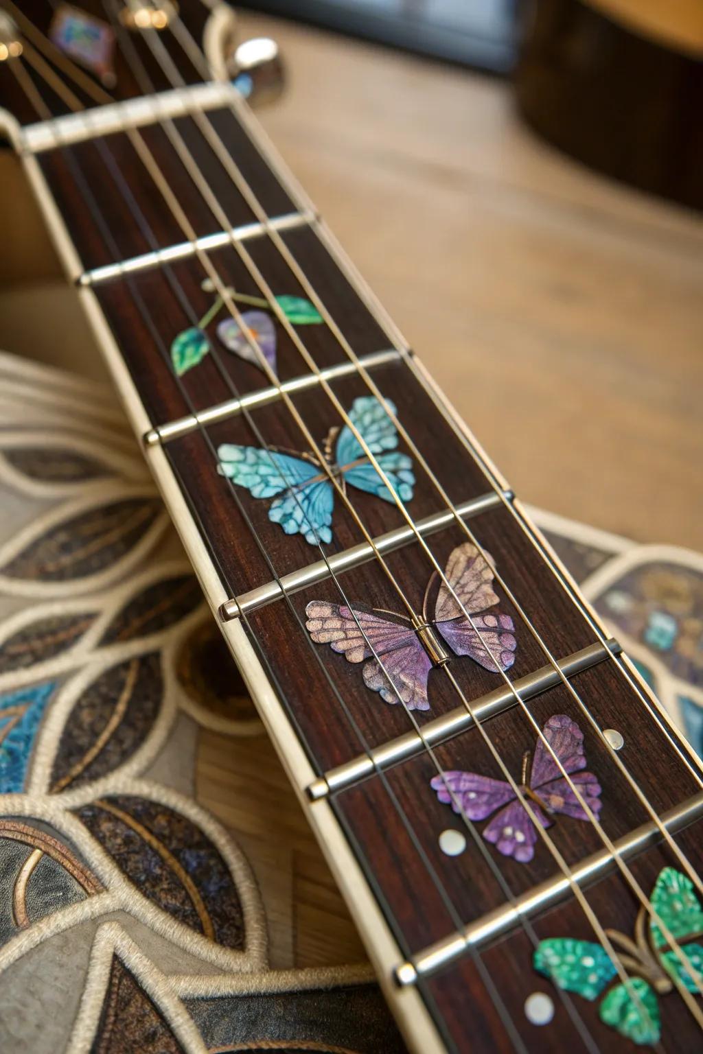 Elevate your guitar's elegance with mesmerizing butterfly wing inlays.