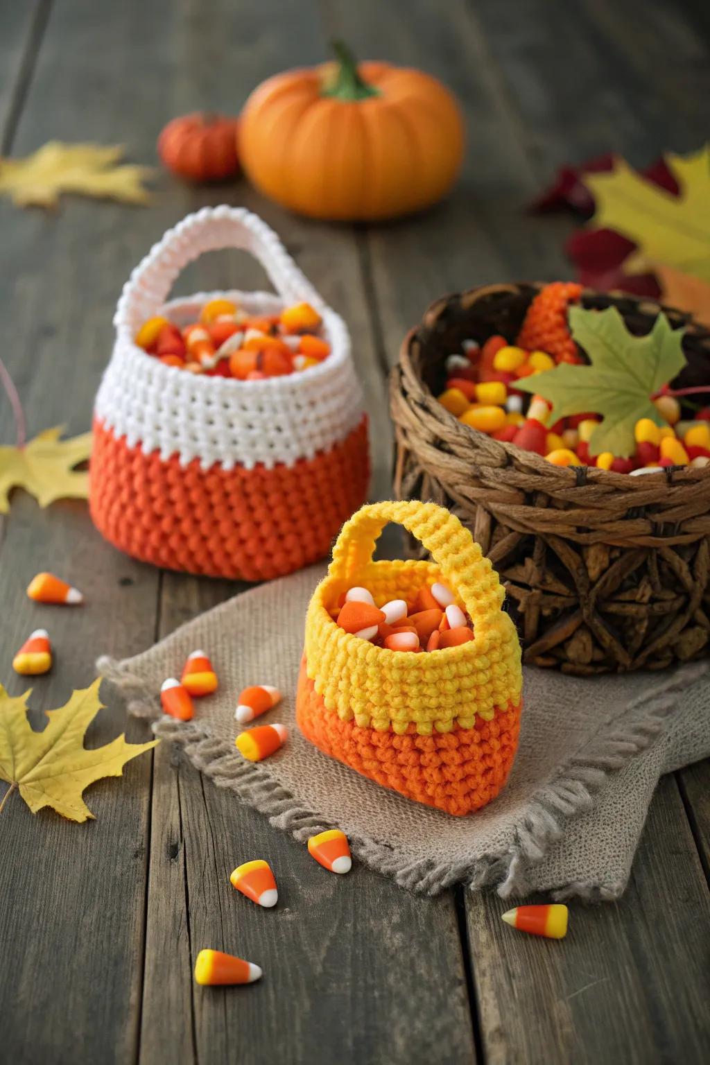 Craft your own crochet candy corn bags.