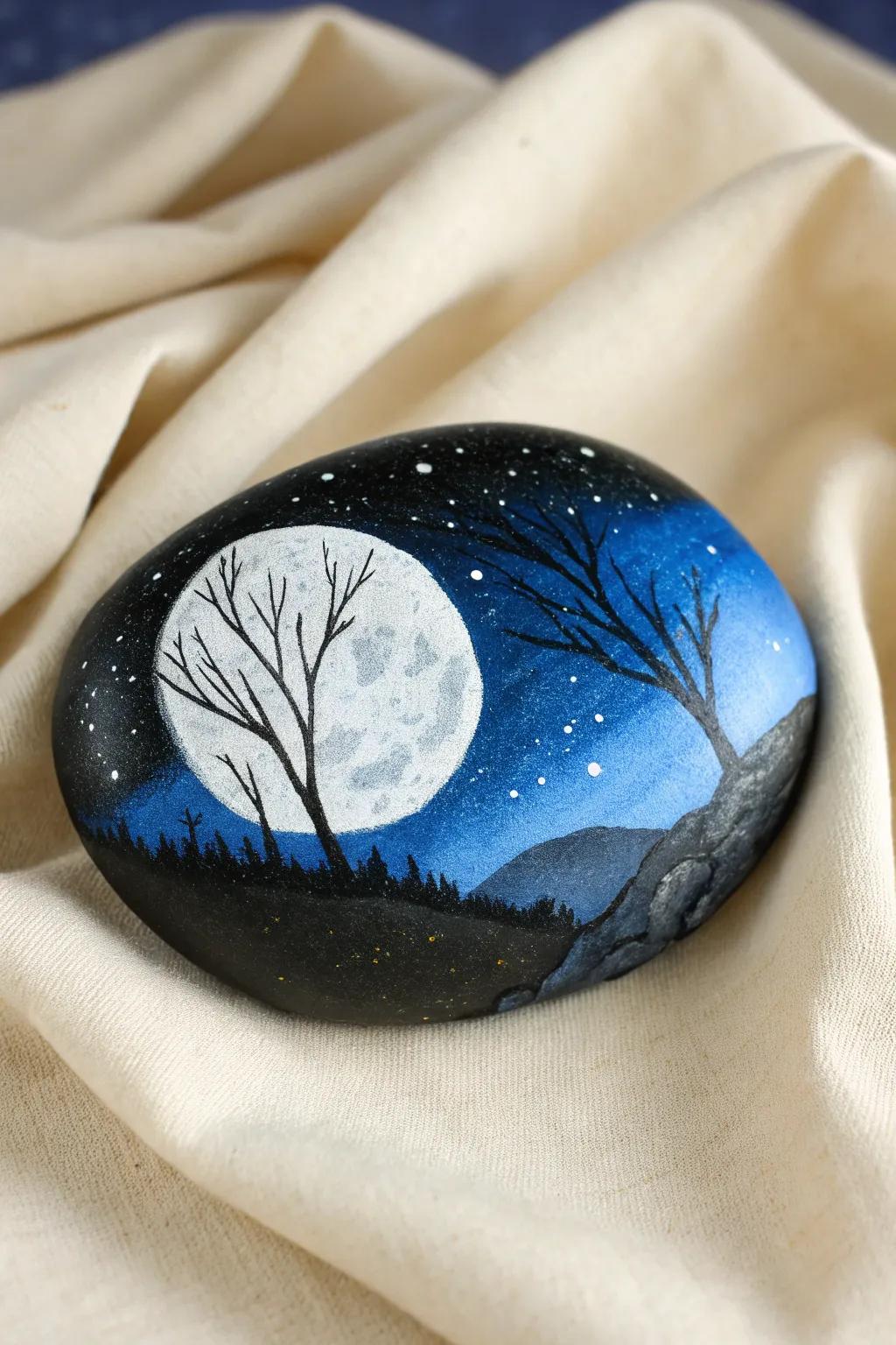 Capture the serene beauty of a moonlit night with this elegantly painted rock, perfect for adding a touch of minimalist magic to your space.