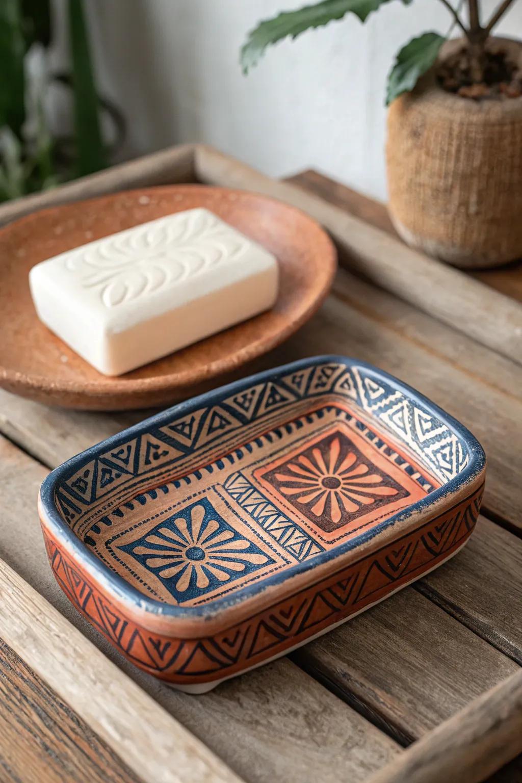 Add a touch of artisan elegance to your bathroom with this patterned soap dish.