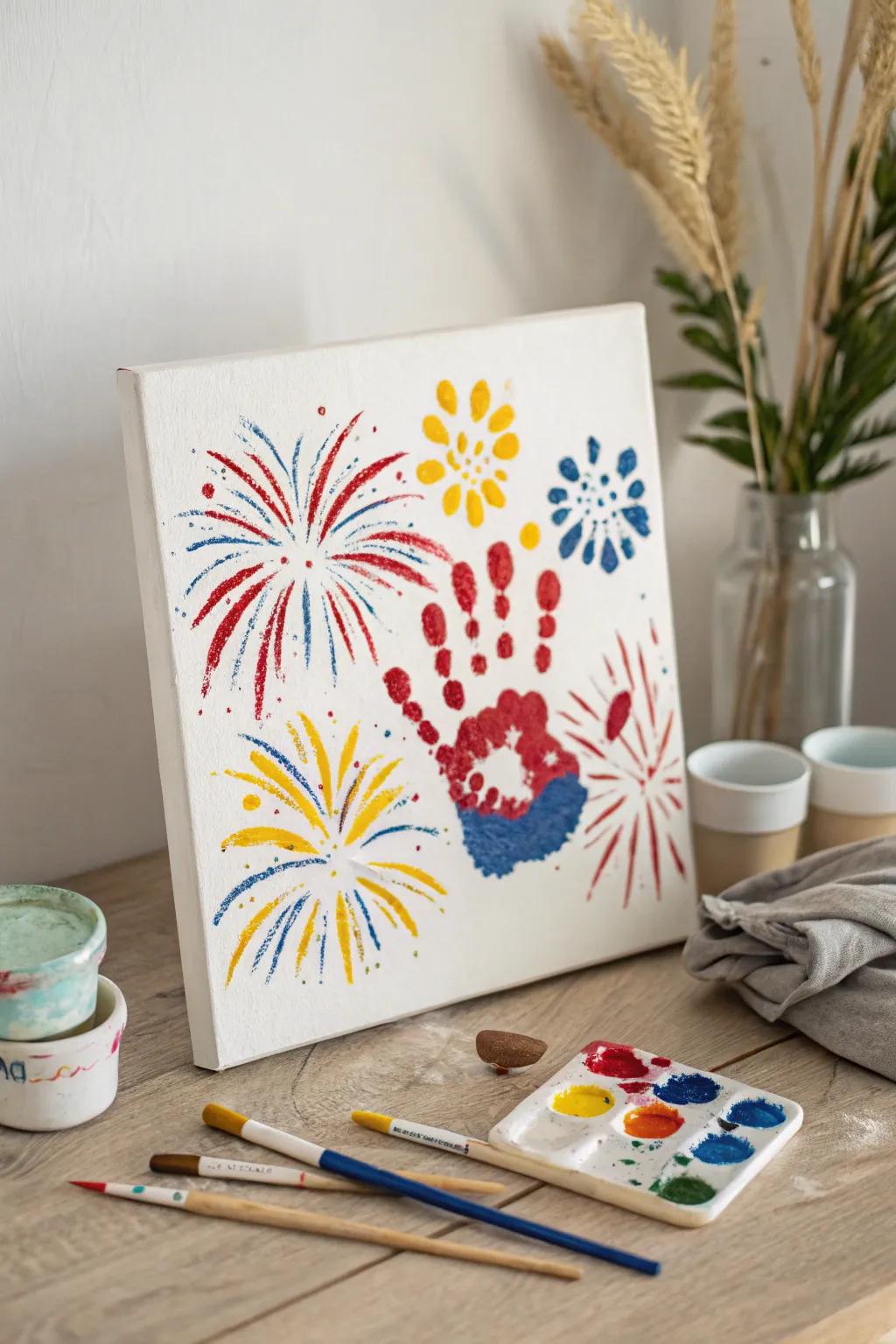 Ignite your creativity with a fireworks-inspired handprint masterpiece!