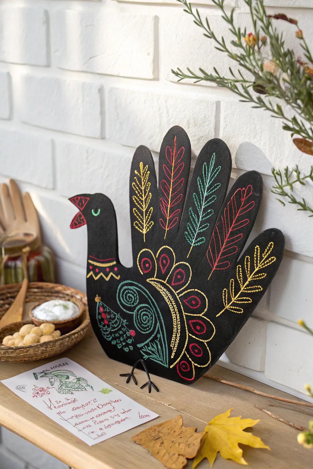 Chalkboard Creativity: Craft a stylish hand turkey for your minimalist space.