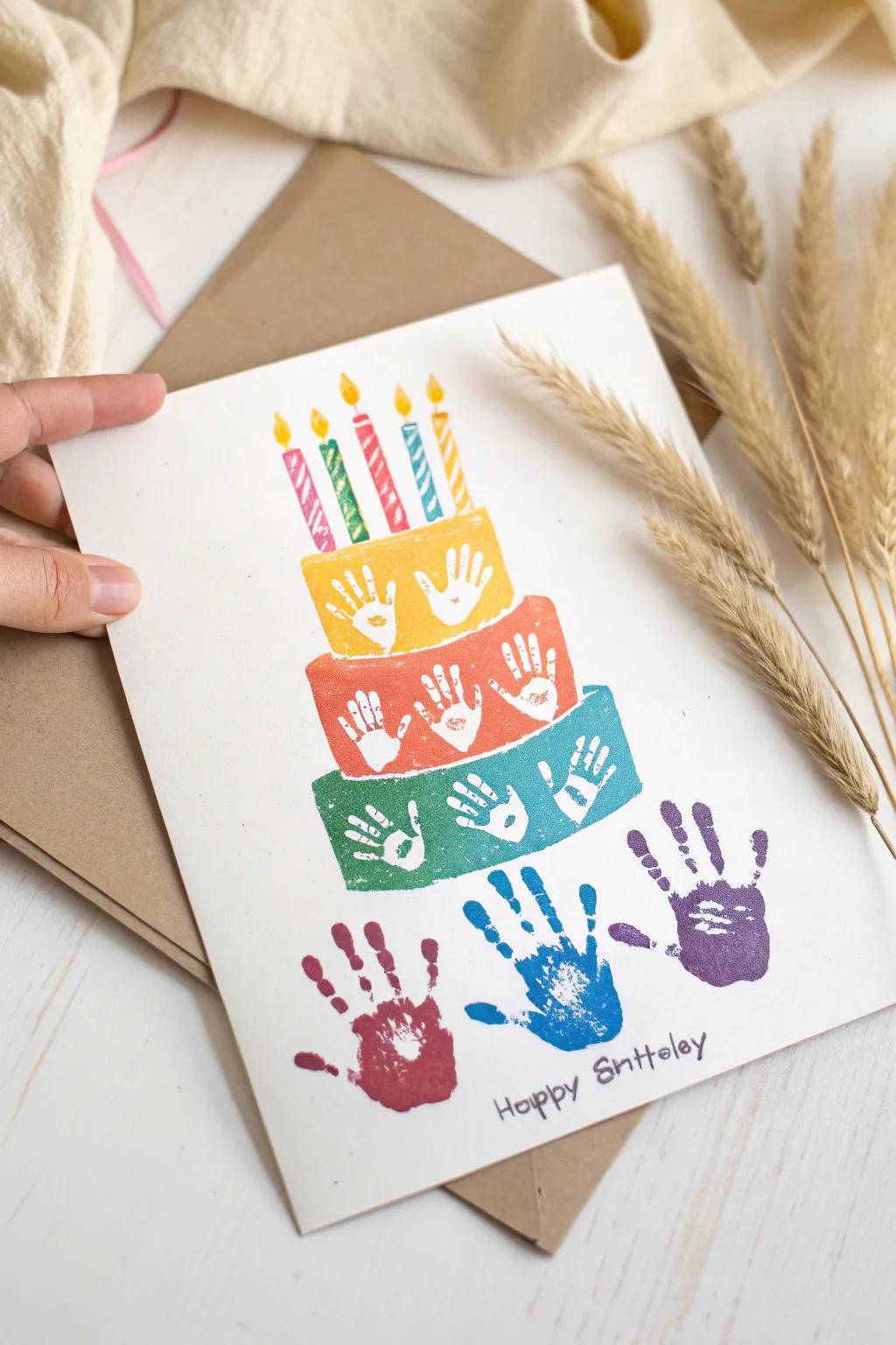 Celebrate in style with a unique handprint birthday cake card, where art meets celebration!