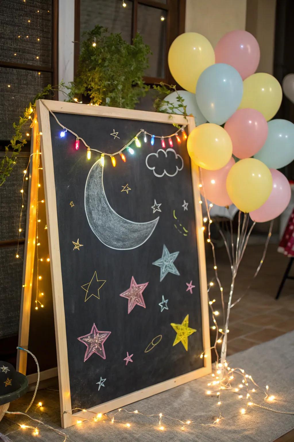 A dreamy night sky theme on a birthday chalkboard.