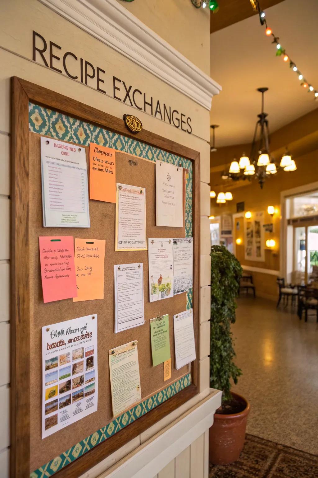 A recipe exchange on the bulletin board inviting residents to share culinary secrets.
