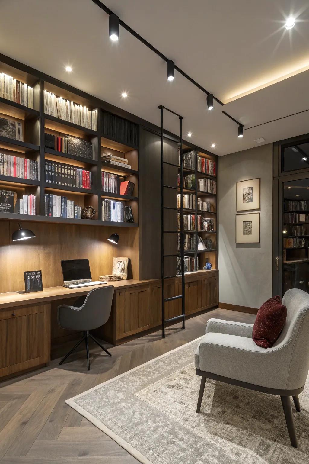 Experience versatile illumination with modern track lighting in your library.