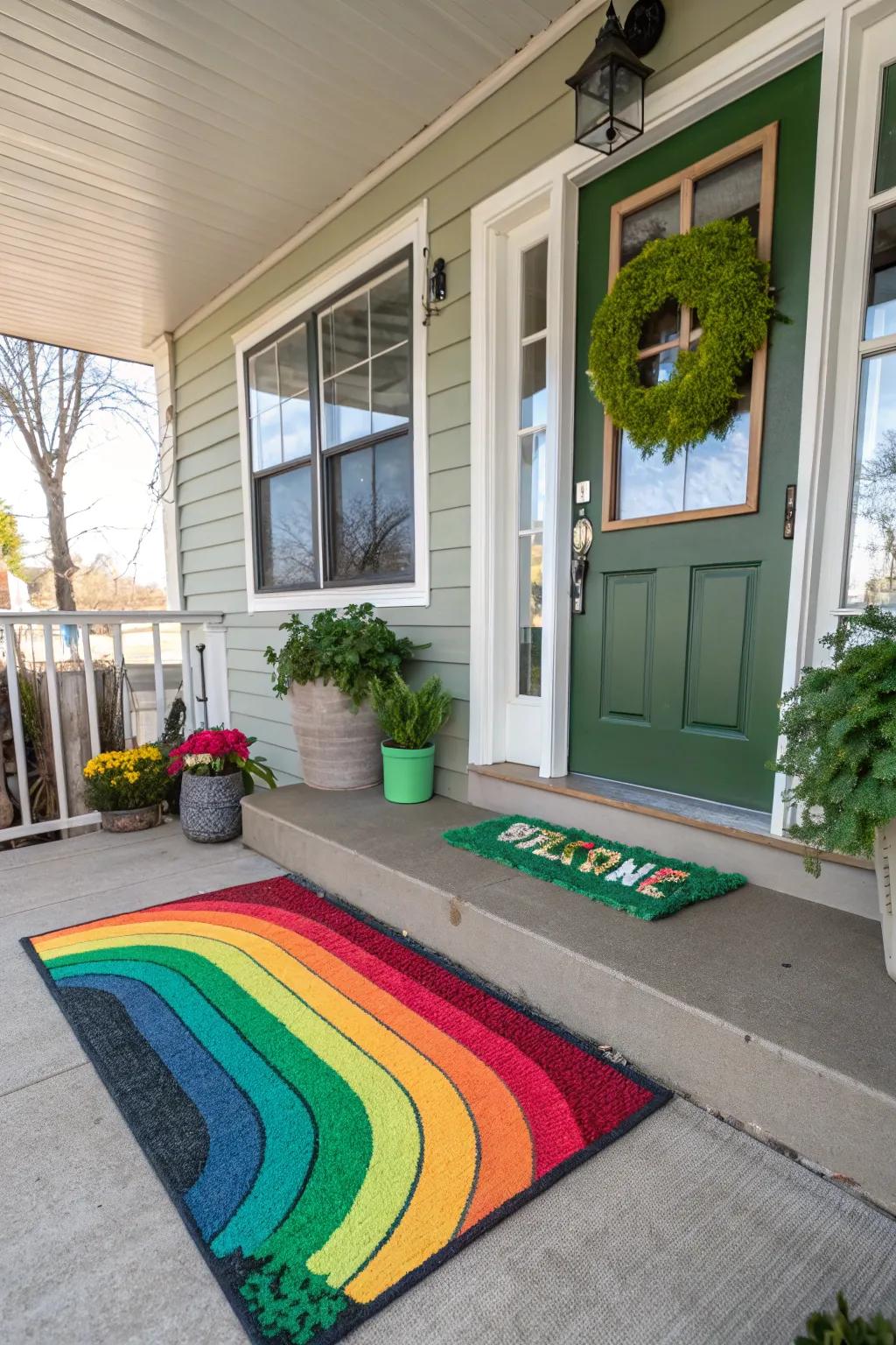 A vibrant rainbow welcome mat greets guests warmly.