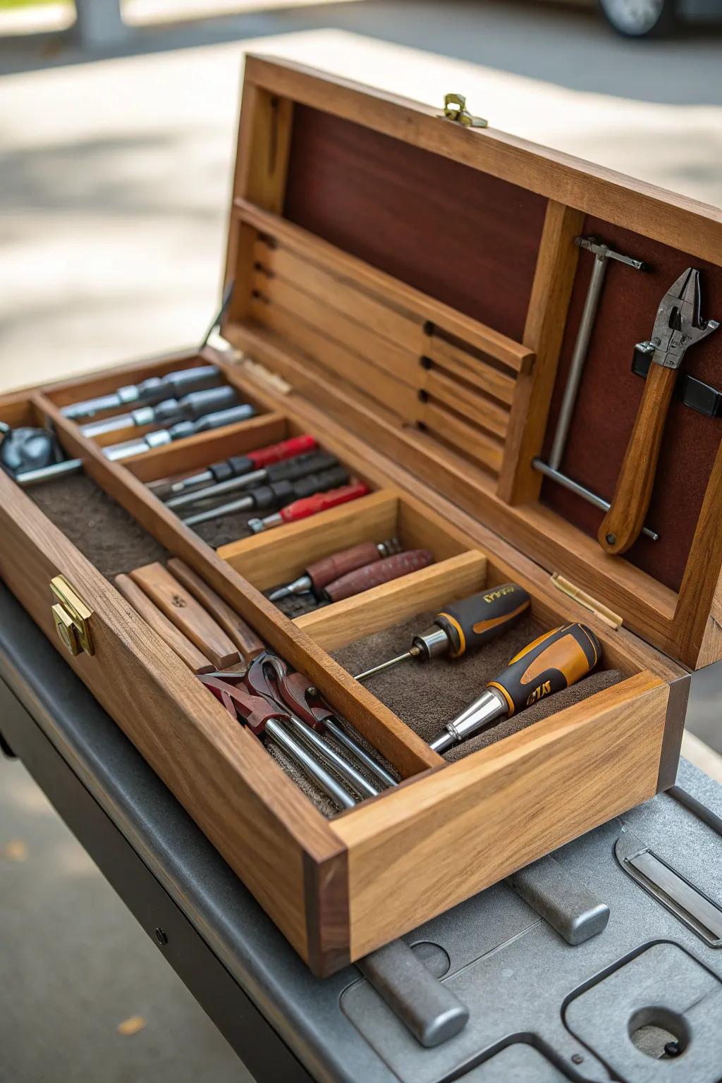 Elevate your toolbox with handcrafted wooden tool trays for ultimate organization and style.