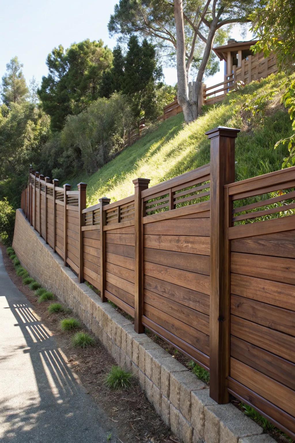 Elevate your landscape with a horizontal fence design that embraces the slope and celebrates craftsmanship.