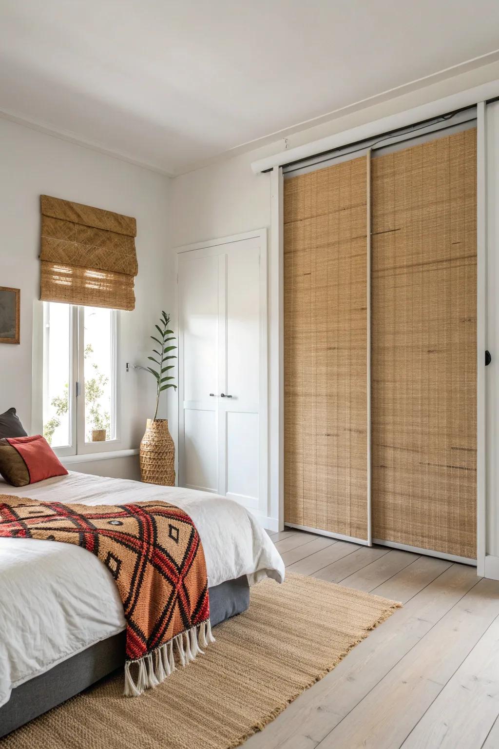 Effortlessly chic: Roll-up blinds blend minimalism with boho elegance, perfect for doorless closets.