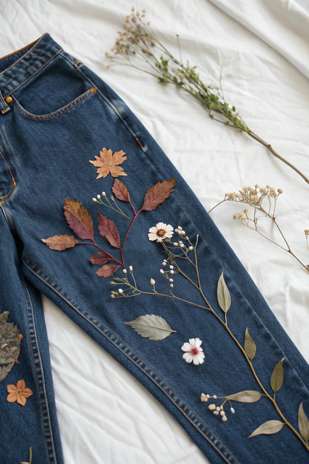 Bring nature into your wardrobe with these beautifully adorned jeans, where simplicity meets boho elegance.