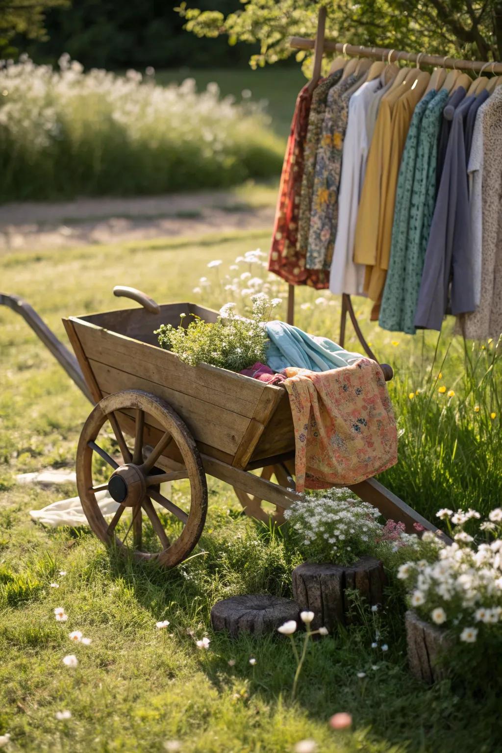 Transform your garage sale with a charming wheelbarrow display — where style meets simplicity!