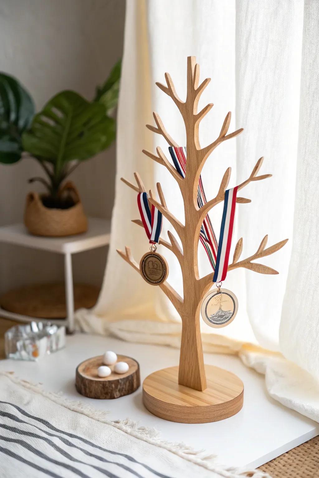 Celebrate your victories with a touch of nature—display your medals on a seasonal tree for a unique and stylish decor statement.
