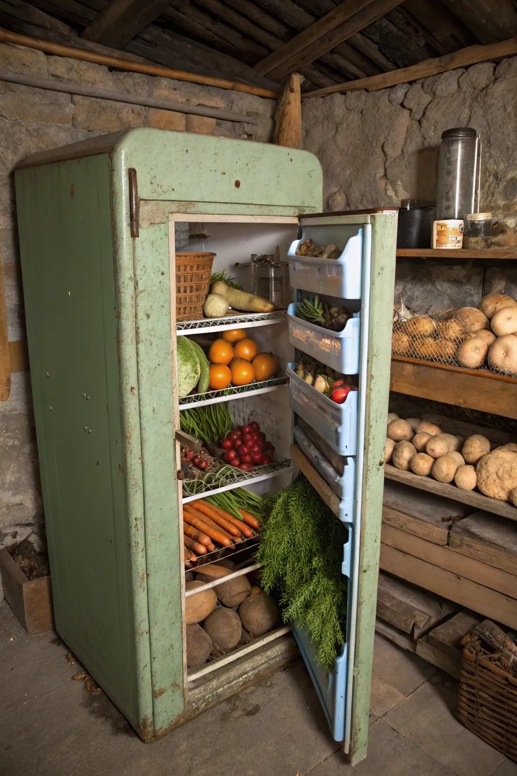 An old fridge creatively transformed into an effective root vegetable storage solution.