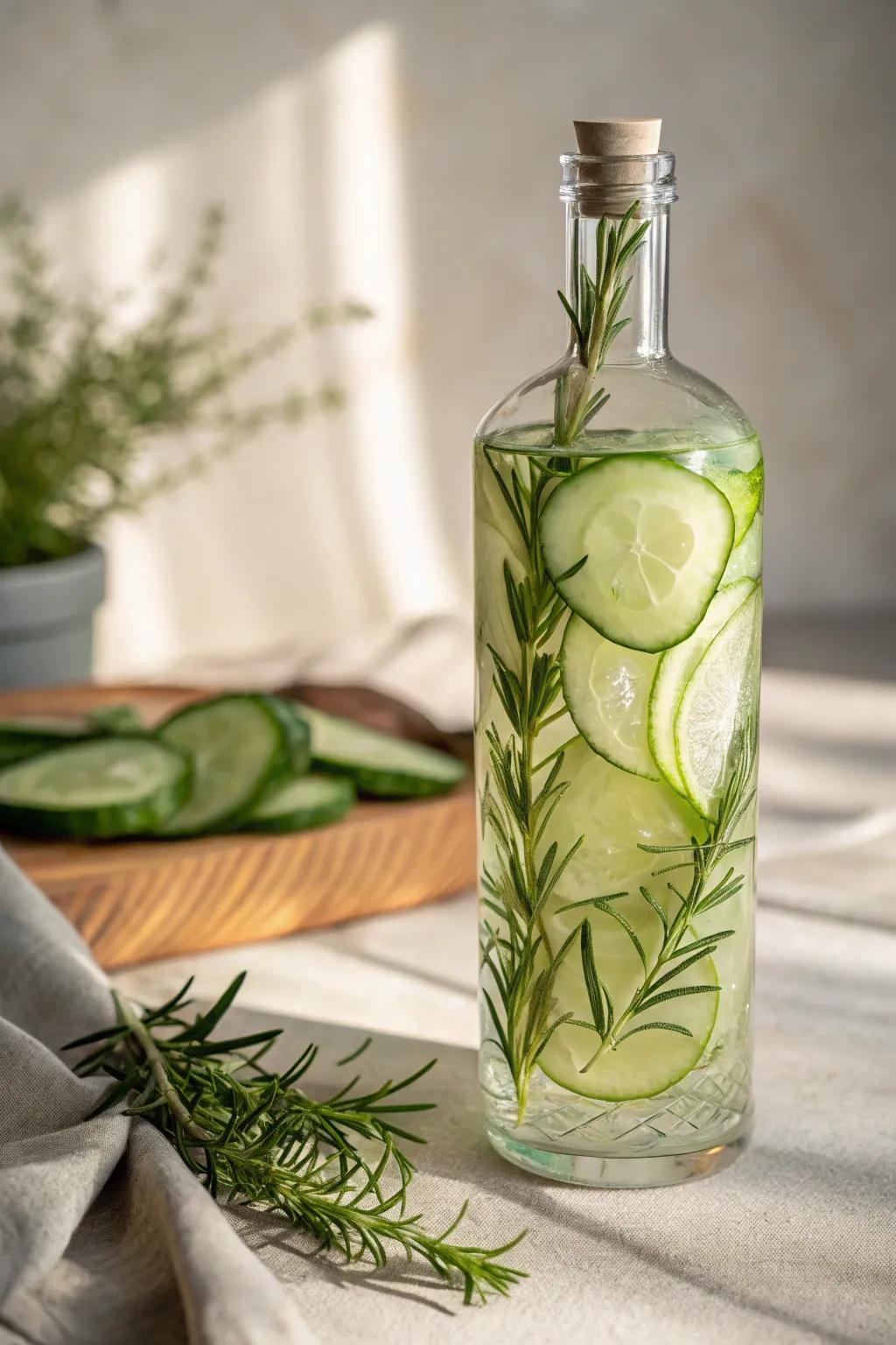 Embrace the essence of nature with this rosemary-cucumber vodka infusion – a garden party staple.