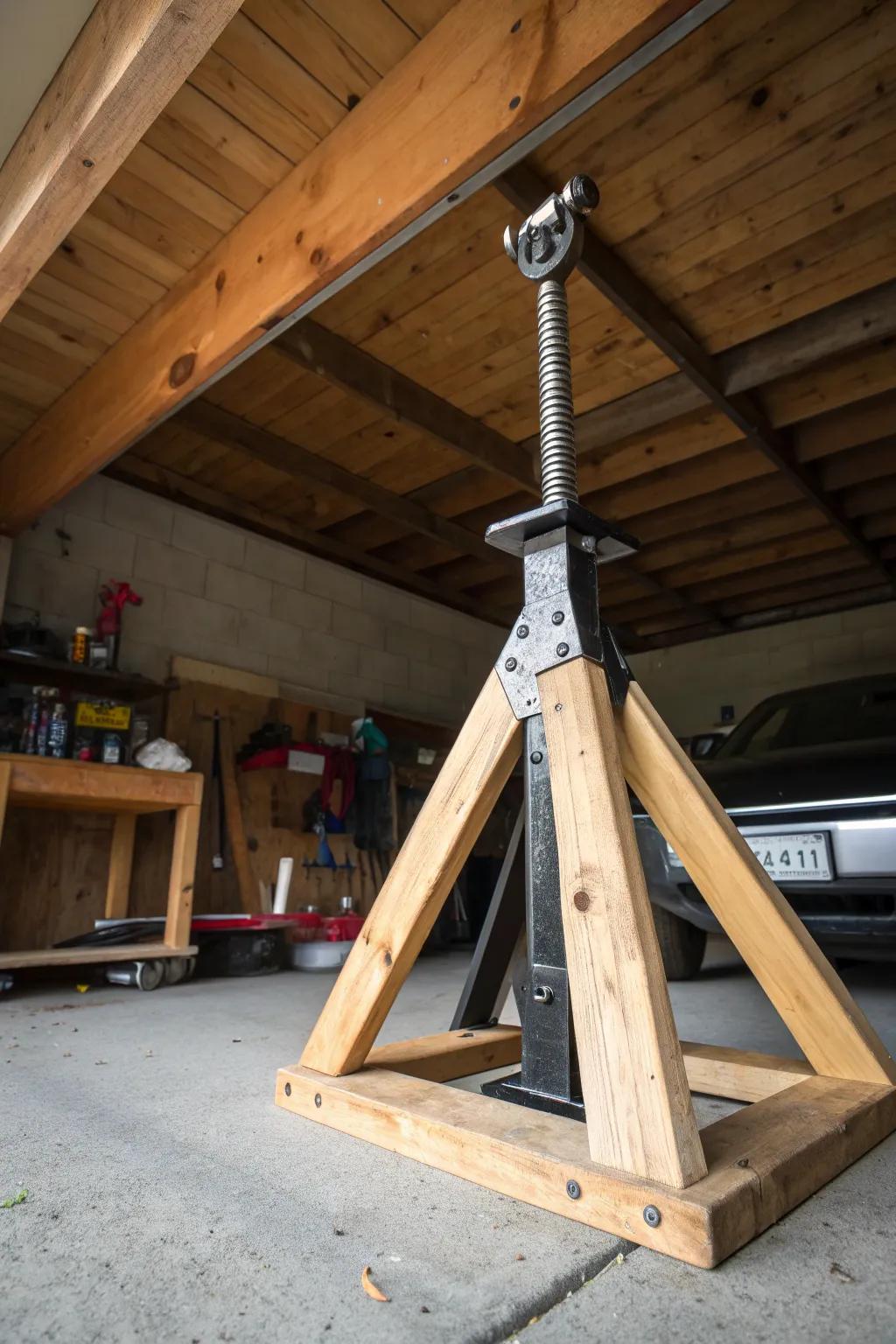 Discover clever storage with a touch of craftsmanship: Jack stands elegantly suspended from rustic rafters.