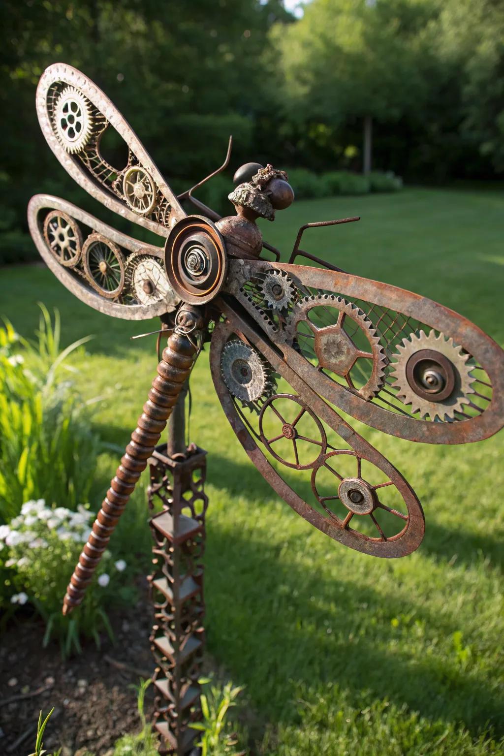 Transforming scrap into art: A giant dragonfly sculpture that turns heads.