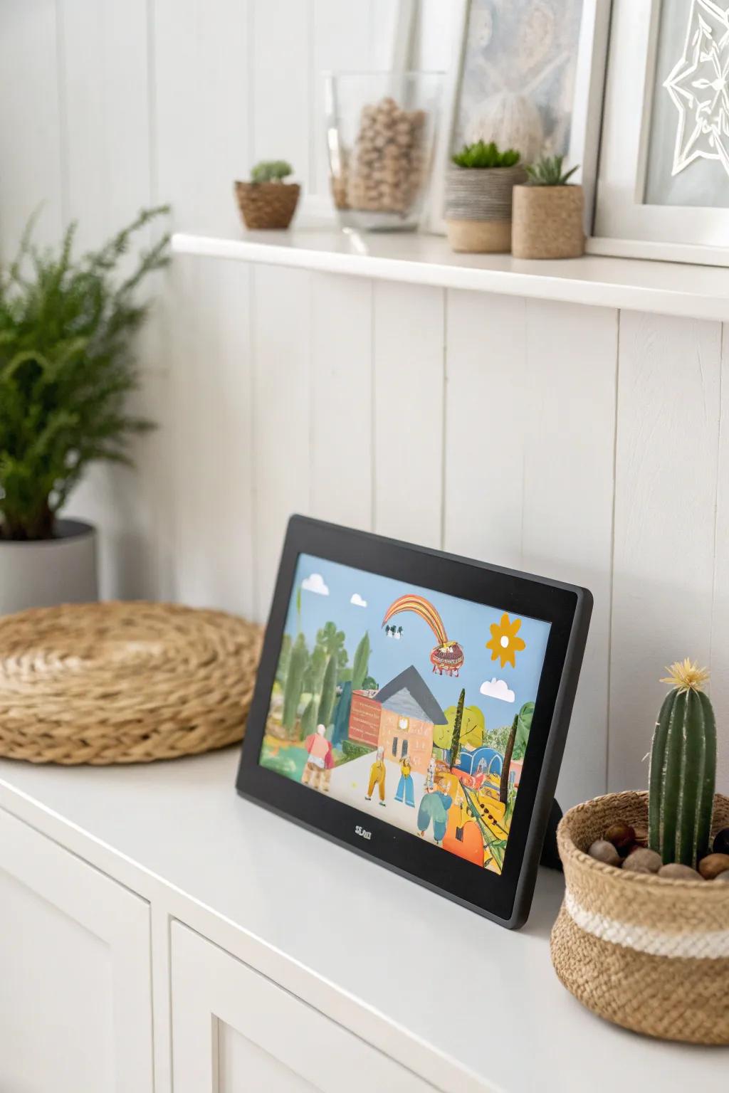 Elevate your child's creativity with a rotating digital art gallery that blends modern minimalism with boho flair.