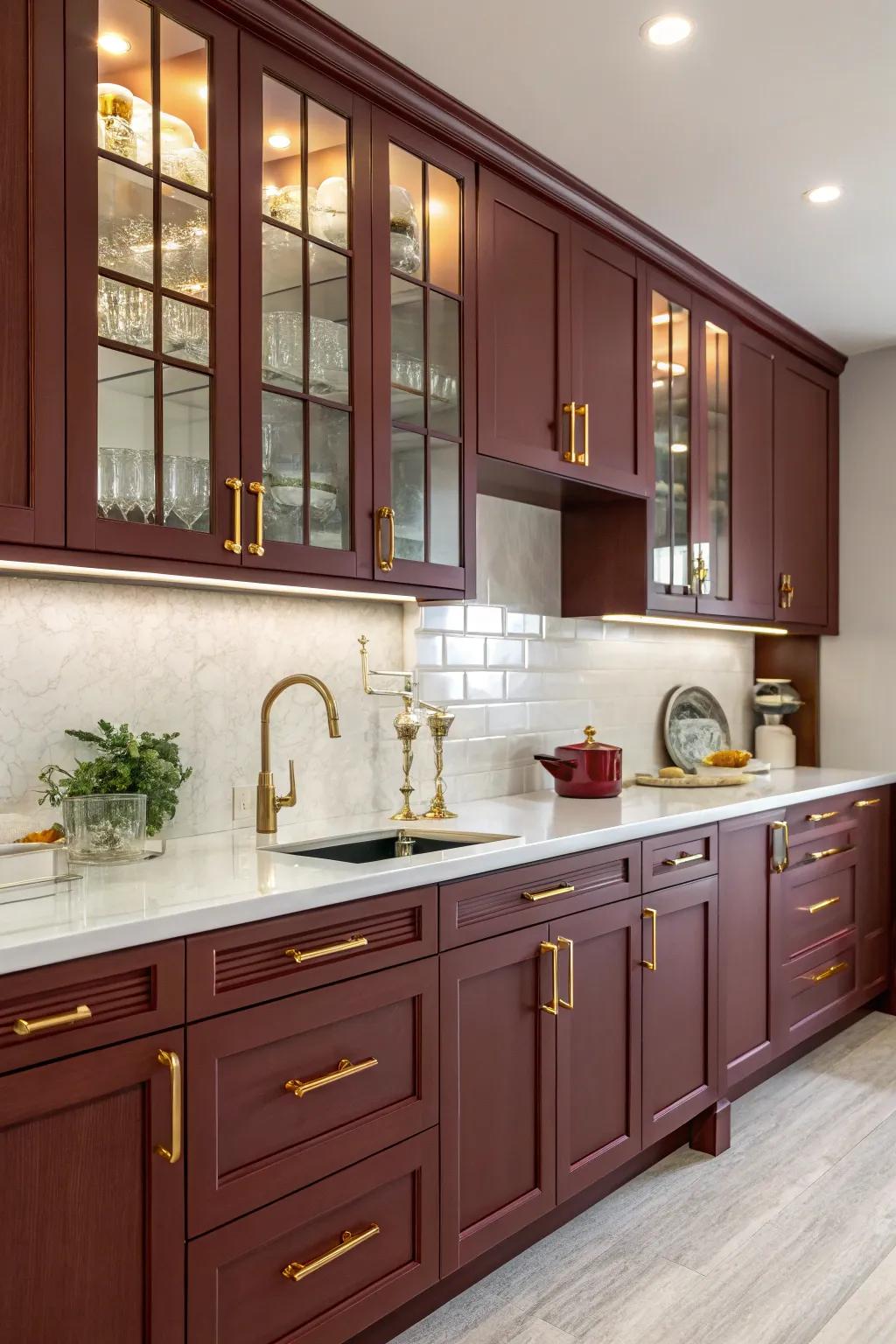Rich burgundy adds depth and luxury to a kitchen design.