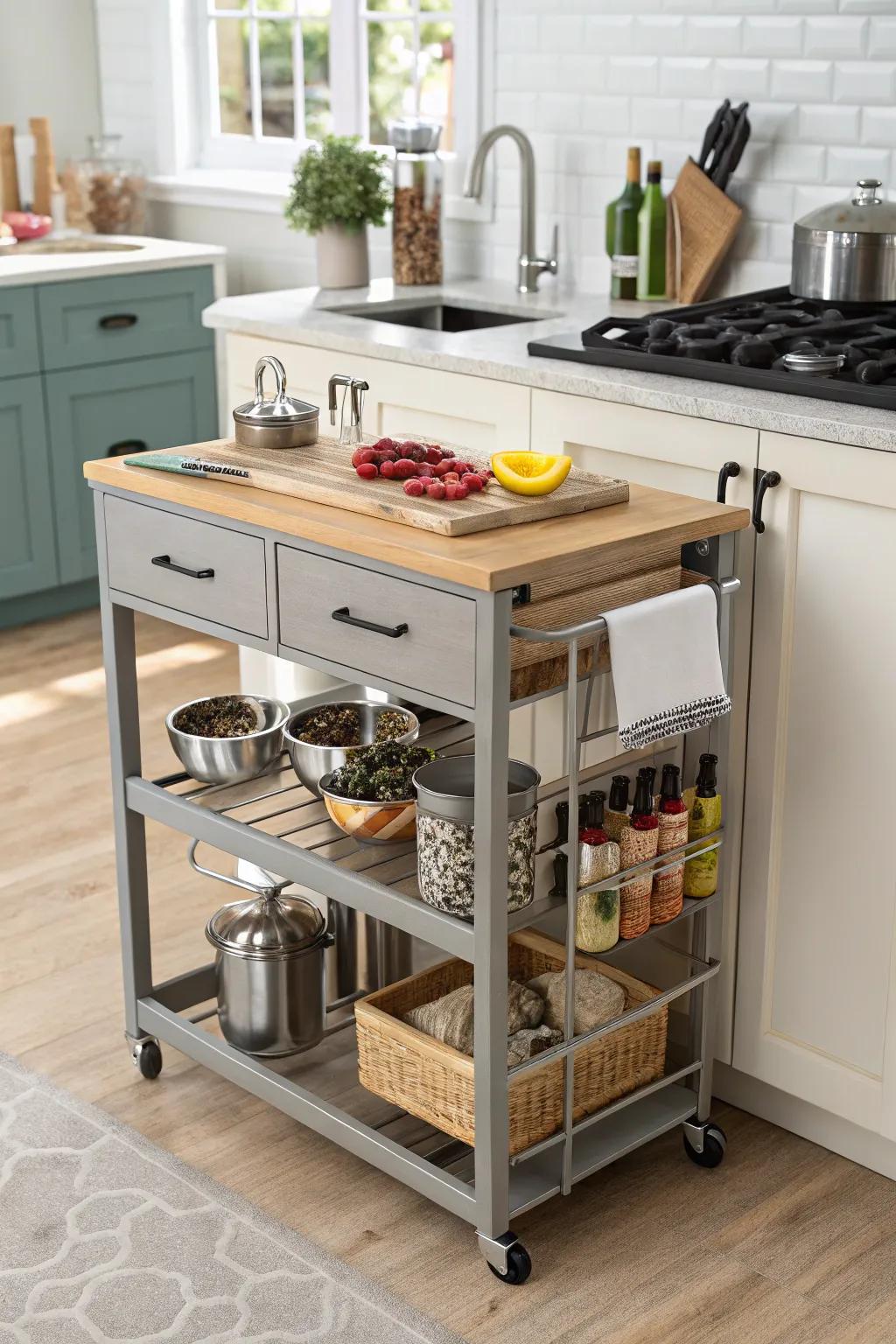 A multi-functional kitchen cart offering mobility and utility.