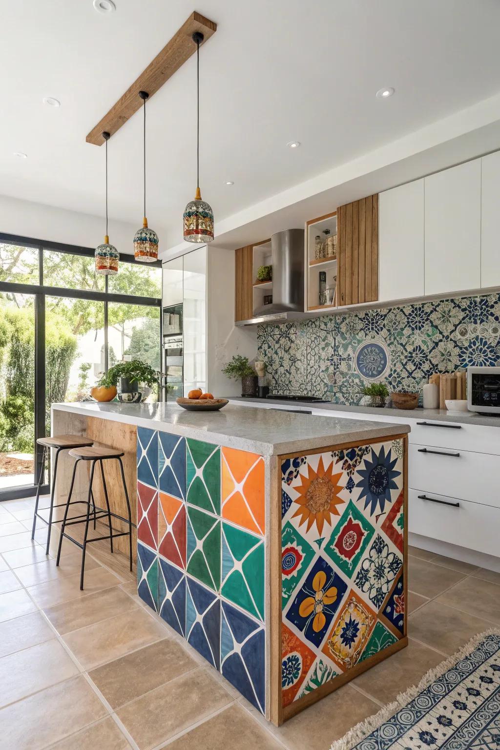 Transform your kitchen with a splash of color! 🎨✨ Bright, bold tiles make your island the heart of the home. #ScandiBoho #KitchenInspo