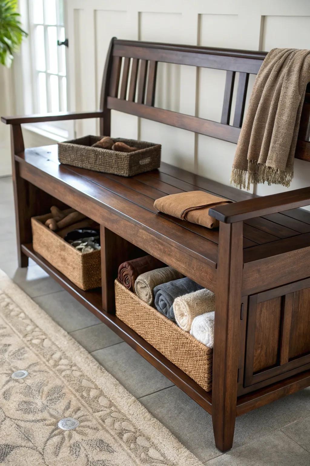 Discover the elegance of under-bench storage: where craftsmanship meets functionality.