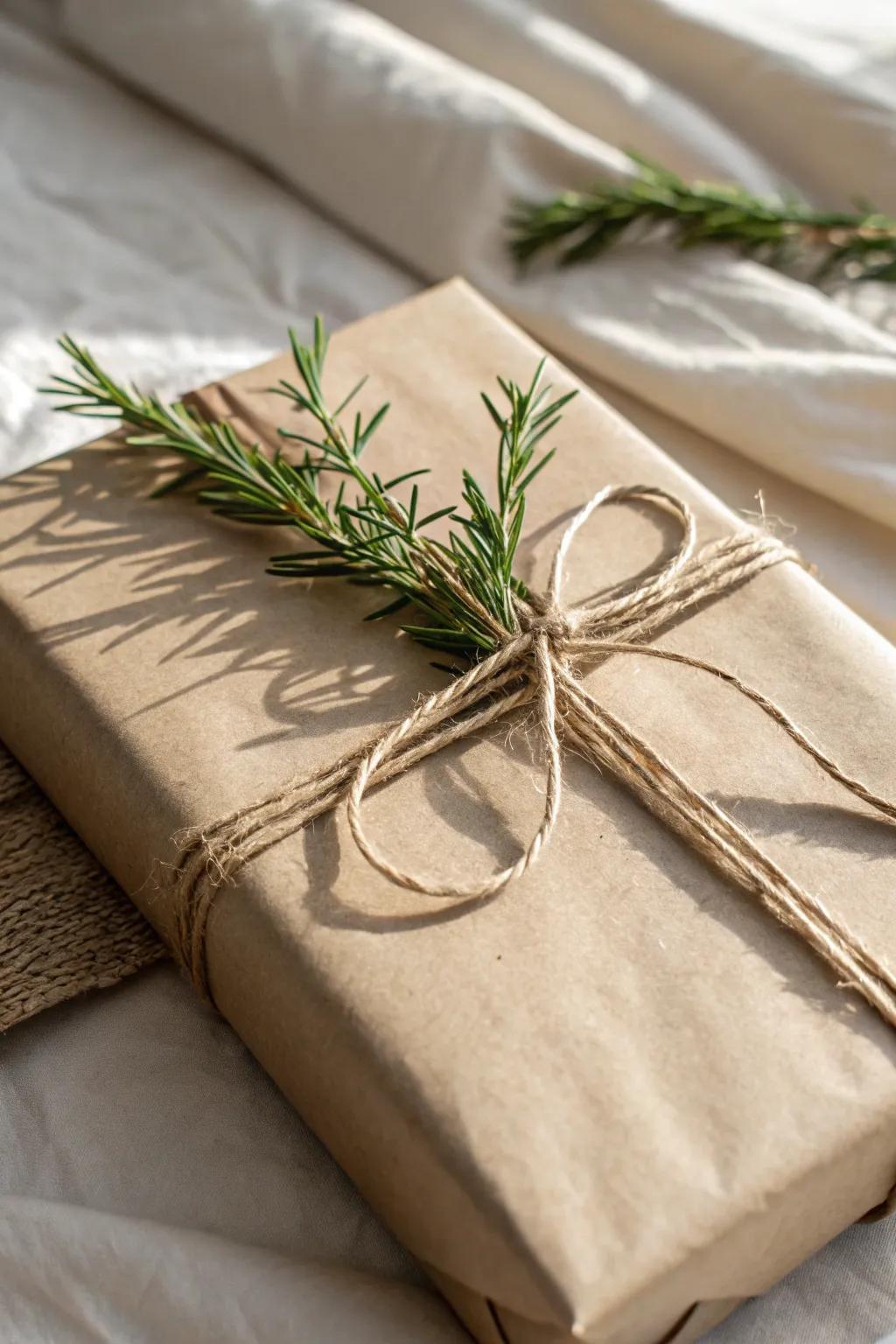 Elevate your gift-giving with timeless elegance: brown paper, twine, and a touch of nature.