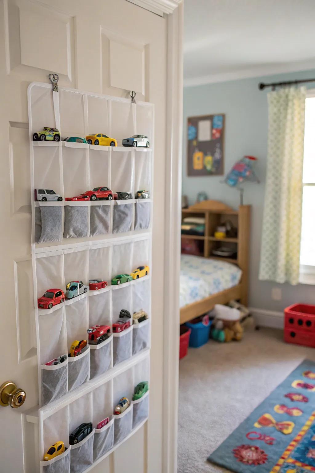 Over-the-door organizers maximize vertical space.
